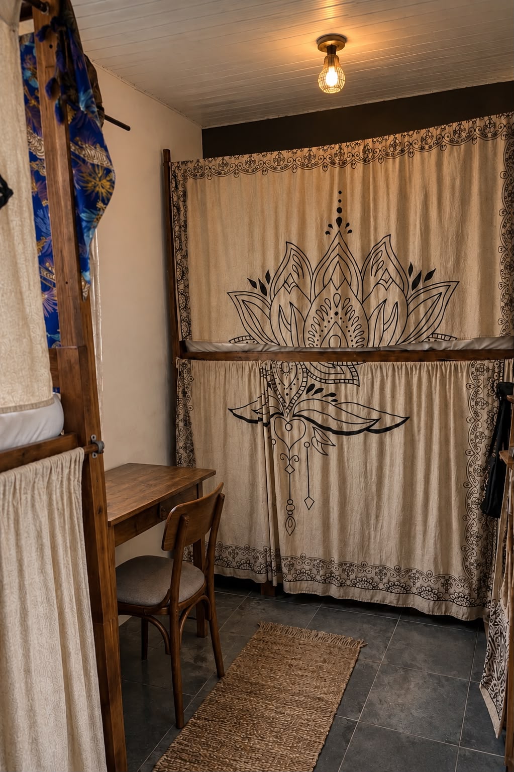 A shared room: a bunk behind patterned privacy curtains, with a wooden desk, a chair and a woven rug.